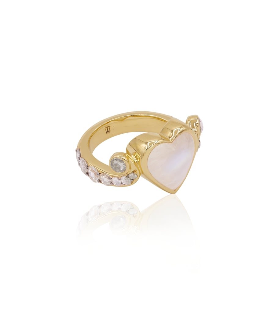 18KT RAINBOW MOONSTONE & DIAMOND HEART RING